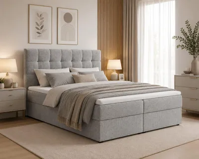 Produktbild von Boxbett 05 OSLO - 160 x 200 cm mit Bettkasten und Topper, Polsterbett mit PolyurethanSchaum, gepolstertes Kopfteil mit Ziernähten, Aragon Stoff, Hellgrau