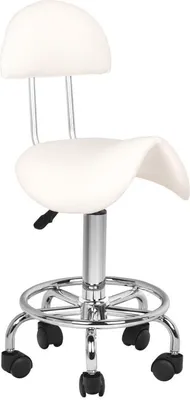 A white saddle stool with a backrest and a chrome base with wheels.