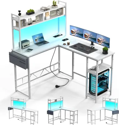 Immagine prodotto di Scrivania a forma di L - Scrivania angolare con spazio contenitivo - Ideale per il lavoro da casa e il gaming - Con prese USB e prese di corrente integrate - Dimensioni: 140 x 120 cm