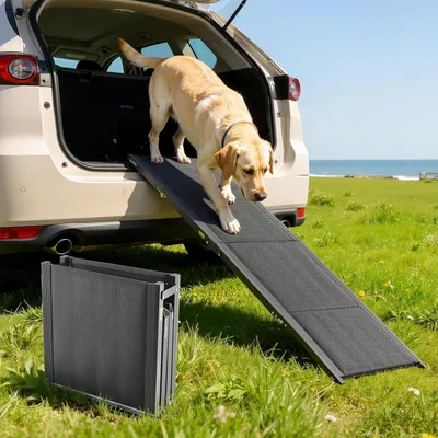 Produktbild von Hunderampe, 180 x 43,2 cm, faltbare Rampe für mittelgroße und große Hunde bis 113 kg, Einstiegshilfe mit rutschfester Oberfläche aus Oxford-Gewebe, tragbare Hundetreppe für SUV und LKW