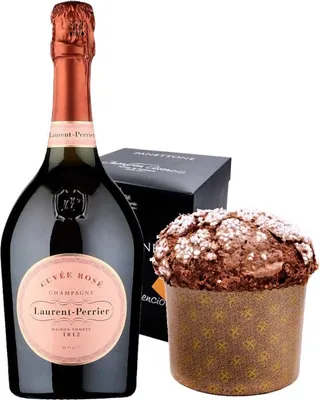 A bottle of Laurent Perrier Cuvée Rosé Champagne and a chocolate panettone are displayed together on a white background.