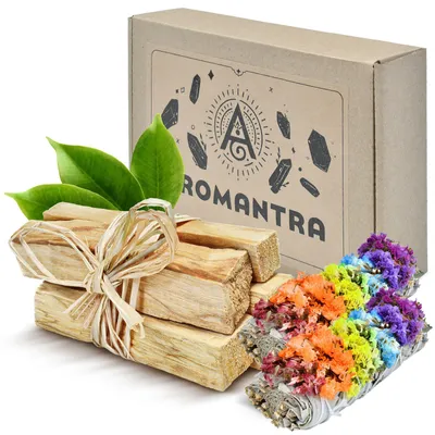 Produktbild von Aromantra - Meditations Set Palo Santo 50g & 2x Weiße Salbei Sieben Chakren 20-30g - Räucherwerk Set - Geschenkkarton