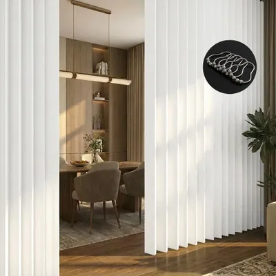 A room divider curtain is shown in a modern interior setting, with a dining area visible in the background.