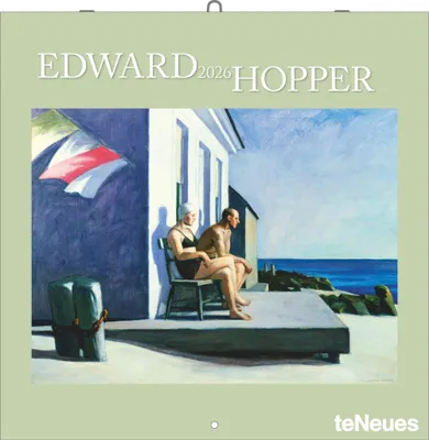 A painting of two people sitting on a porch overlooking the ocean, with text and a logo overlay.