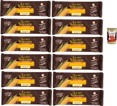 Produktbild von Le Veneziane Pasta di Mais Spaghetti, senza glutine,100% italienische Maisnudeln, glutenfrei. gluten free 12x 250g + Italian Gourmet polpa 400g