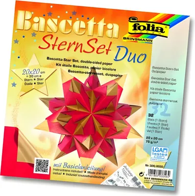 Produktbild von folia Faltblätter Bascetta-Stern 200 x 200 mm hochrot/gold 75 g/qm 32 Blatt