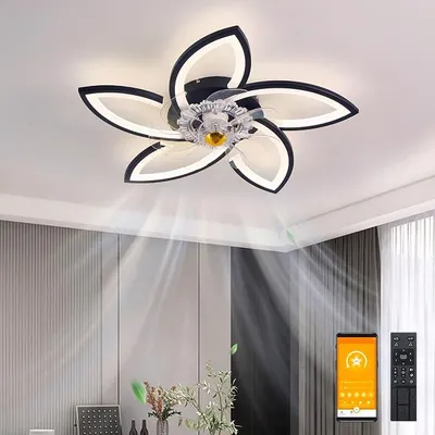 Productafbeelding van Stille plafondventilator met verlichting, zwart. Dimbaar met ventilator, afstandsbediening en app. 3 kleurtemperaturen, 6 snelheden. Geschikt voor slaapkamer, woonkamer en eetkamer, diameter 70 cm