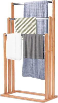 Produktbild von Handtuchständer Handtuchablage Rostfrei, Handtuchhalter Handtuchstange aus Bambus und Edelstahl, Badetuchstange Badetuchständer mit 3 Stangen
