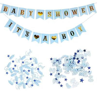 Produktbild von Babyparty-Konfetti- und Banner-Set – Dekoration für die Geburt eines Jungen, blau