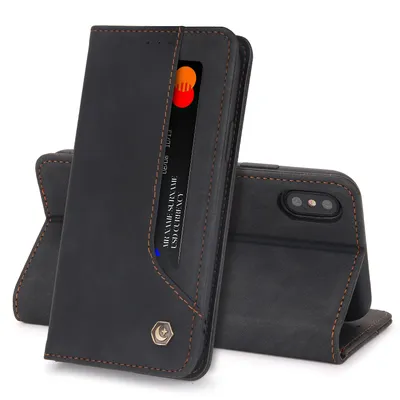 A black leather wallet-style phone case with a credit card inserted, shown against a white background.