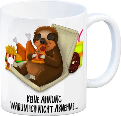 Produktbild von Kaffeebecher mit fressendes Faultier Motiv und Spruch: Keine Ahnung warum ich