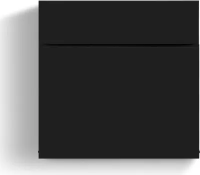 A black mailbox is shown against a white and light gray background.
