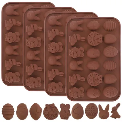 Immagine prodotto di Stampi in silicone per dolci, set da 4 pezzi, con 18 cavità, ideali per Pasqua, con forme a coniglio e uova, adatti per cioccolato, torte, biscotti e sapone