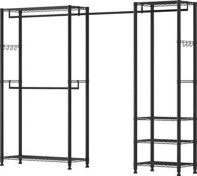 Produktbild von SucceBuy Kleiderständer mit 4 Stangen, 363 kg Tragkraft, 6 Regalen und 8 Haken, offener Schrank für Schlafzimmer, Bekleidungsgeschäft, Garderobe oder Flur in Schwarz