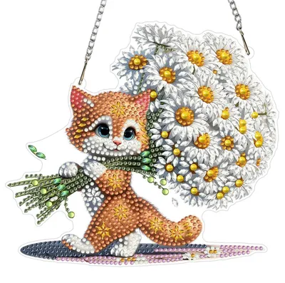 Produktbild von Diamond Painting Anhänger Gänseblümchen Katze für Erwachsene, Fensterbild Bastelset, Hängendes Ornament, Tür Wand Deko