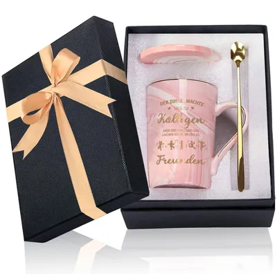 Imagen del producto de Taza de cerámica con tapa y cuchara - Diseño de mármol - Regalo para compañeros de trabajo