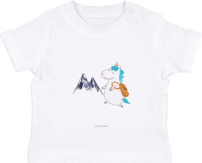 Produktbild von Mr. & Mrs. Panda Organic Baby Shirt Einhorn Bergsteiger 0. - 6. Monat - Weiß - Geschenk, Unicorn, Urlaub, Kurzarmshirt, Berge, Einhörner, Abenteuer, Babyshirt,