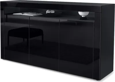 Produktbild von Vladon Sideboard Valencia, Germany, Kommode mit 3 Türen und 1 offenem Fach, Schwarz matt/Schwarz Hochglanz/Schwarz Hochglanz (155 x 92 x 40 cm)