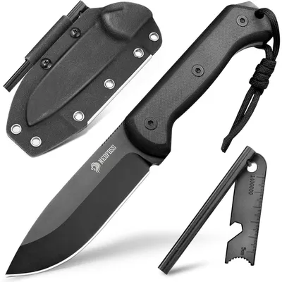 Produktbild von Outdoor Messer feststehend 10.5cm D2 Stahl Full Tang Survival Messer mit Feuerstahl & Schärfer, G10 Griff, Kydex Holster Schwarz