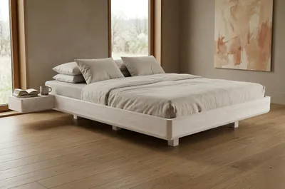 Produktbild von Schwebebett aus massivem Buchenholz Visby LENA FLAT mit Nachttischen, 120x200 cm, Farbe Weiß