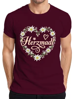 Obrázok produktu pre Herzmadl Edelweiss, kvetinový motív, tradičný bavorský štýl, kožené nohavice, Alpy, pánske tričko, bordó, veľkosť 3XL