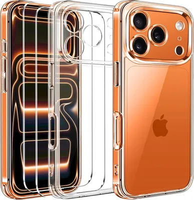 A clear phone case with a rose gold metallic trim is shown, with a phone inside. Two screen protectors are also visible.