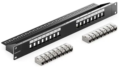 16-Port CAT 7 Patchpanel 1 HE 19" mit RJ45 Keystone Modulen Schwarz