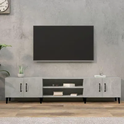 Zdjęcie produktu dla Szafka RTV betonowa, szara, 180x31,5x40 cm, wykonana z drewna, z miejscem do przechowywania, idealna do salonu i sypialni