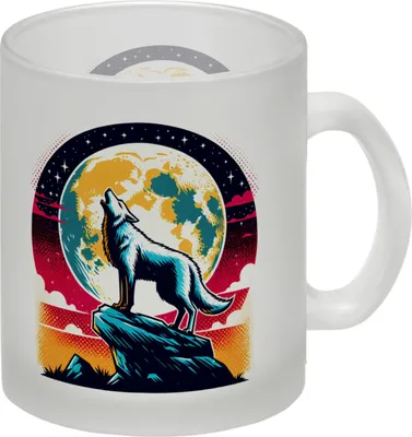 Produktbild von Tasse aus satiniertem Glas mit Wolf Vollmond Motiv, ca. 300 ml, ca. 9 cm Höhe