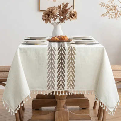 Produktbild von Tischdecke Leinenoptik Beige Blätter 140x100cm Rechteckig