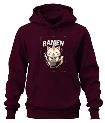 Obrázek produktu pro Mikina s kapucí, motiv "Ramen Katze kawaii", obrázek nudlí, roztomilý a vtipný design, japonský retro styl, barva: vínová, velikost: L