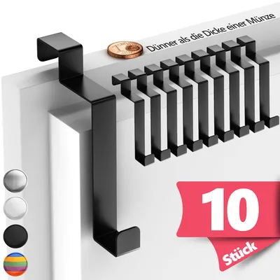 Produktbild von Lindenstein Türhaken Innenseite aus Edelstahl, 10er Set, Schwarz - Flexible Türhaken zum Einhängen, robuste Kleiderhaken für die Tür, Türgarderobe