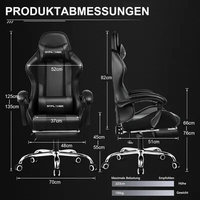 Imagen del producto de Silla de juego ergonómica con reposapiés, reposacabezas, soporte lumbar y revestimiento