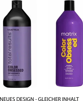 Two bottles of Matrix Total Results Color Obsessed shampoo are shown side-by-side against a white background.