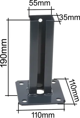 Obrázek produktu pro Aqbau® Podpěra sloupku 60×40 mm s černým práškovým nástřikem - výška 190 mm - základová deska se 4 otvory - pro dvojitý plot - Vyrobeno v EU