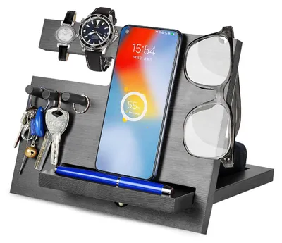 Immagine prodotto di Supporto per telefono in legno - Nero - Organizer multifunzionale