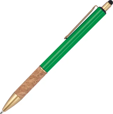 Produktbild von 10 Touchpen Metall-Kugelschreiber mit Korkgriffzone / Farbe: grün