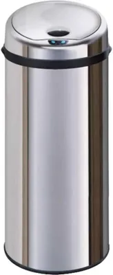 A standalone stainless steel automatic kitchen trash can with a black rim and lid.