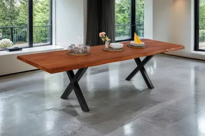 Produktbild von Esstisch mit Ansteckplatten 200(300)x100 cm Baumkante Akazie nussbaum X-Gestell schwarz CALI