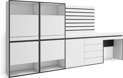 Produktbild von Schuhregal, Schuhschrank, 297x35x145 cm, Für Schlafzimmer, Kommode mit Schubladen, Lamellenwand Holz, Schminktisch, Weiß