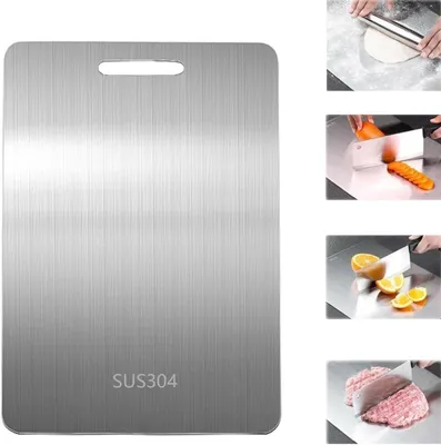Image de Planche à découper en acier inoxydable. 39 x 28 cm, acier inoxydable 304, réversible, sans BPA, antibactérienne, durable, adaptée à la viande et aux légumes.