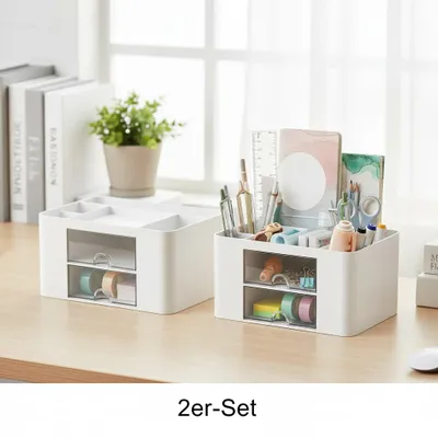 Produktbild von 2 Stück Organizer Schreibtisch Stifte Make Up mit 5 Fächer und 2 Schubladen weiß