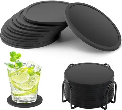 Obrázek produktu pro Sada silikonových podtácků, 12 kusů, černá, s držáky na sklenice, bar, šálky, podtácky