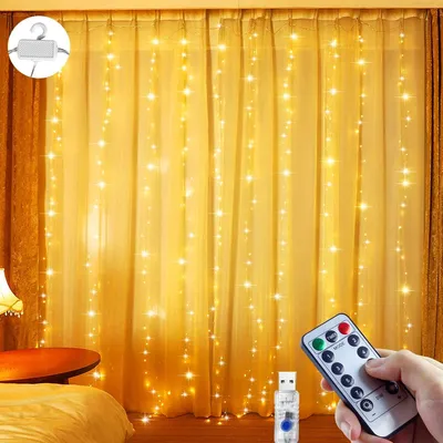 LED-Vorhanglichter, 300 LEDs, 3m x 3m, 8 Modi, warmweiß