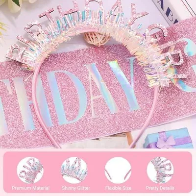 Produktbild von Geburtstagskrone & Schärpe Set, Diadem Krone Haarreif mit Prinzessin Tiara & Bedruckter Schultergurt für Frauen Mädchen Erwachsene, Geburtstags-Party-Zubehör in Pink