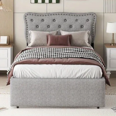 Image de Structure de lit - Lit simple - Canapé-lit - Lit escamotable - Tissu - 90x200 cm - Avec tiroir de rangement - Gris