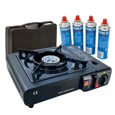 Produktbild von JUNG Camping Gaskocher inkl. 4 x 220 g Butangas Kartuschen tragbarer Klappkocher mobil Notfallkocher Camping Gas Kocher Outdoor ohne Gaskartusche
