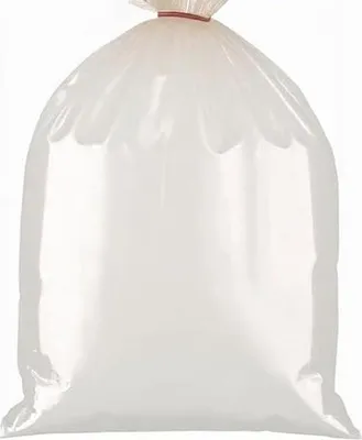 A clear, studio shot of a large, transparent plastic sack.