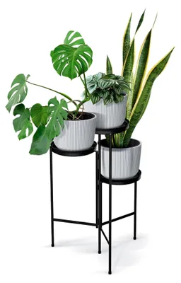 Produktbild von Blumenständer Pflanzenständer aus Holz und Metall, modernes Regal für Zimmerpflanzen, 3 Etagen, stabil und platzsparend, geeignet für Wohnzimmer, Balkon und Büro in Schwarz