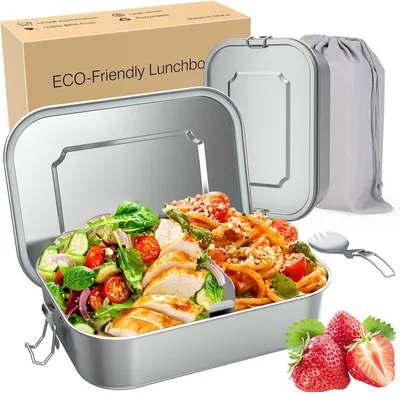 Produktbild von Brotdose Edelstahl mit Fächern,1200 ml Lunchbox Auslaufsichere Bento Box, Brotzeitbox, Herausnehmbares Trennfach, Lebensmittelecht, Leicht zu Reinigen